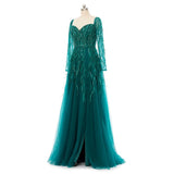 Luxury Tube Beaded Long Sleeve Evening Dresses Sequined Feather Formal Evening Gowns