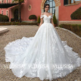 Fashion A-Line Off Shoulder Boat Neck Bridal Gown Backless Beading Lace Wedding Dress