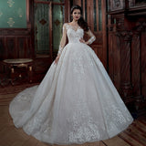 Fashion Backless Long Sleeve Bridal Gowns Beading Lace Ball Gown Wedding Dresses