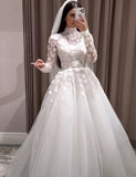 Fashion High Neck Long Sleeve Wedding Dress A-line Lace Appliqued Muslim Bridal Gown