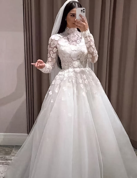 Fashion High Neck Long Sleeve Wedding Dress A-line Lace Appliqued Musl VLLUSISA Fashion High Neck Long Sleeve Wedding Dress A-line Lace Appliqued Musl VLLUSISA