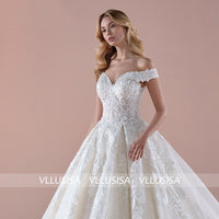 Elegant A-line V-neck Off-shoulder Bridal Gowns Lace Up Beading Lace Wedding Dresses