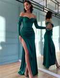 Sexy Pleat Slit Backless Evening Dresses Off Shoulder Long Sleeve Satin Formal Evening Gowns