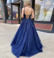 Fashion A-Line V-neck Sleeveless Backless Evening Dress Navy Lace Formal Evening Gown