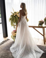 VLLUSISA Boho A-line Wedding Dresses Beading Lace Beach Bridal Gowns With Shoulder Straps