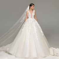 Fashion Lace Appliqued Bridal Gowns Sexy Deep V-neck Backless Ball Gown Wedding Dresses