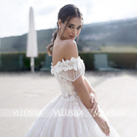 VLLUSISA A-Line Off Shoulder Bridal Gowns Beading Lace Flower Cathedral Wedding Dresses