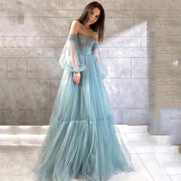 Ruched A Line Off Shoulder Puff Sleeve Evening Gowns Boho Dusty Blue Prom Dresses