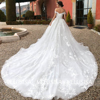 Fashion A-Line Off Shoulder Boat Neck Bridal Gown Backless Beading Lace Wedding Dress