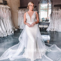 Sexy Deep V-neck Backless Bridal Gown Sheath Beading Lace Wedding Dress With Detachable Tail