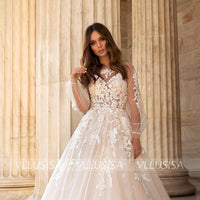 VLLUSISA Boho Puff Long Sleeve Bridal Gowns Illusion A-Line Beading Lace Wedding Dresses