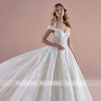 Elegant A-line V-neck Off-shoulder Bridal Gowns Lace Up Beading Lace Wedding Dresses