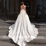 Sexy Backless Bridal Gown V-Neck Sleeveless Satin Wedding Dress With Crystal Sash