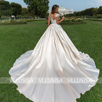 VLLUSISA A-Line O-Neck Short Sleeve Bridal Gowns Illusion Lace Satin Wedding Dresses