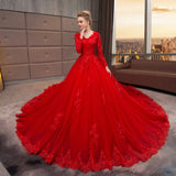 Delicate Long Sleeve Red Lace Petal Bridal Gown Sequined Ball Gown Wedding Dress