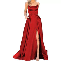 Custom Made A Line Spaghetti Strap Satin Party Gowns Simple Slit Sweep Train Prom Dresses