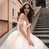 VLLUSISA Champagne Lace Appliqued Bridal Gown Sexy Off Shoulder Ball Gown Wedding Dress