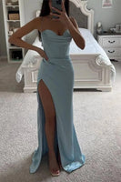 Fashion Bone Design Spaghetti Strap Satin Party Gowns Pleat Slit Backless Prom Dresses