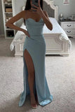 Fashion Bone Design Spaghetti Strap Satin Party Gowns Pleat Slit Backless Prom Dresses