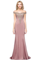 Fashion Boat Neck Backless Evening Dresses Women Sheath Lace Appliqued Evening Gowns