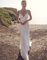 VLLUSISA Spaghetti Strap V-neck Backless Wedding Dresses Sheath Soft Satin Wedding Gowns