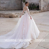 Illusion A Line Lace Appliqued Bridal Gowns Women O-neck Long Sleeve Wedding Dresses