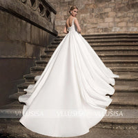 VLLUSISA A Line Beading Lace Bridal Gown Boat Neck Off Shoulder Satin Wedding Dress