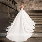 VLLUSISA A Line Beading Lace Bridal Gown Boat Neck Off Shoulder Satin Wedding Dress