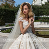 VLLUSISA Illusion Cap Sleeve Bridal Gown Beading Lace Satin Cathedral Princess Wedding Dress