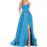 Custom Made A Line Spaghetti Strap Satin Party Gowns Simple Slit Sweep Train Prom Dresses