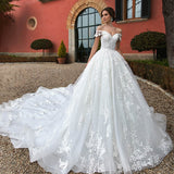 Fashion A-Line Off Shoulder Boat Neck Bridal Gown Backless Beading Lace Wedding Dress