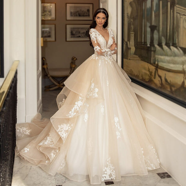 Sexy Deep V-neck Long Sleeve Beading Lace Bridal Gown Illusion Cut-out Ball Gown Princess Wedding Dress