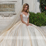 VLLUSISA Illusion Cap Sleeve Bridal Gown Beading Lace Satin Cathedral Princess Wedding Dress