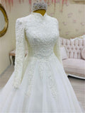 VLLUSISA High Neck Long Sleeve Islamic Arab Wedding Dresses A-line Lace Muslim Wedding Gowns