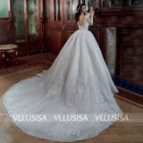 Fashion Backless Long Sleeve Bridal Gowns Beading Lace Ball Gown Wedding Dresses