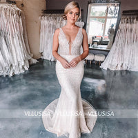 Sexy Deep V-neck Backless Bridal Gown Sheath Beading Lace Wedding Dress With Detachable Tail