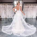 Sexy Deep V-neck Backless Bridal Gown Sheath Beading Lace Wedding Dress With Detachable Tail