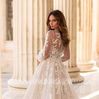 VLLUSISA Boho Puff Long Sleeve Bridal Gowns Illusion A-Line Beading Lace Wedding Dresses