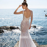 Sexy Deep V-neck Backless Bridal Gowns Mermaid Champagne Sequined Lace Wedding Dresses