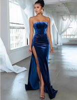 Fashion Beach Pleat Strapless Banquet Party Gowns Simple Slit Backless Prom Dresses