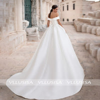 Fashion Off-shoulder Backless Satin Bridal Gown A-line Lace Up Wedding Dress With Crystal Sash