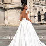 Sexy Backless Bridal Gown V-Neck Sleeveless Satin Wedding Dress With Crystal Sash