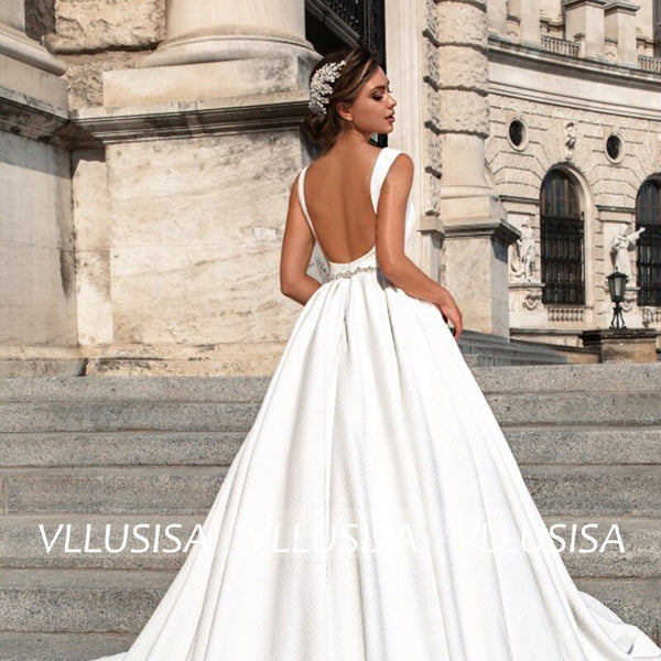 Sexy Backless Bridal Gown V-Neck Sleeveless Satin Wedding Dress With C VLLUSISA Sexy Backless Bridal Gown V-Neck Sleeveless Satin Wedding Dress With C VLLUSISA