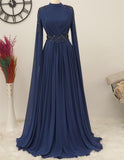 High Neck Long Sleeve Muslim Evening Dresses Women Beading Sash Arab Formal Evening Gowns