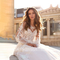 VLLUSISA Boho Puff Long Sleeve Bridal Gowns Illusion A-Line Beading Lace Wedding Dresses