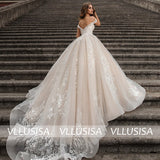 VLLUSISA Champagne Lace Appliqued Bridal Gown Sexy Off Shoulder Ball Gown Wedding Dress