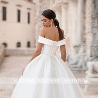 Fashion Off-shoulder Backless Satin Bridal Gown A-line Lace Up Wedding Dress With Crystal Sash