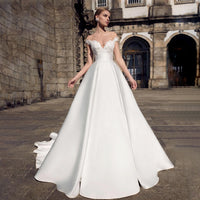 VLLUSISA A Line Beading Lace Bridal Gown Boat Neck Off Shoulder Satin Wedding Dress