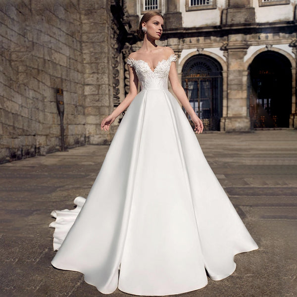 VLLUSISA A Line Beading Lace Bridal Gown Boat Neck Off Shoulder Satin VLLUSISA A Line Beading Lace Bridal Gown Boat Neck Off Shoulder Satin