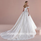 Elegant A-line V-neck Off-shoulder Bridal Gowns Lace Up Beading Lace Wedding Dresses